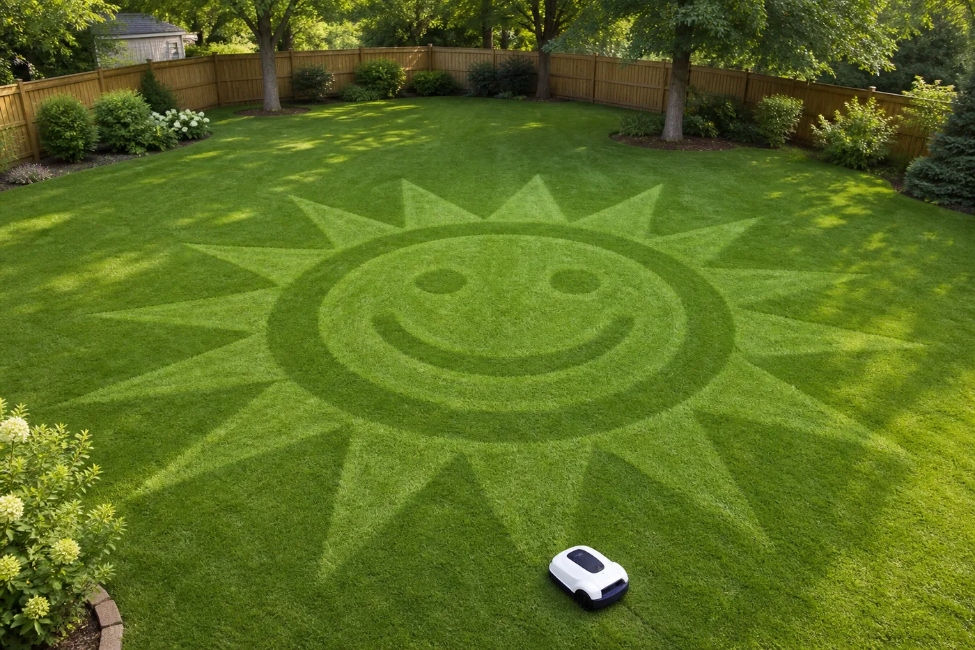 A large lawn with a playful sun pattern made by mowing direction